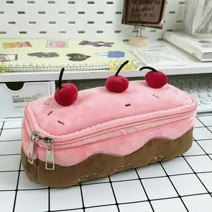 Cute Cherry Cake Plush Pencil Case, Korean Style Large Capacity Stationery Bag, Kawaii Pink Pen Pouch for Girls, Sweet Aesthetic Makeup Organizer, Cute Desk Accessory & Back to School Gift