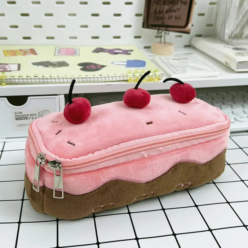 Cute Cherry Cake Plush Pencil Case, Korean Style Large Capacity Stationery Bag, Kawaii Pink Pen Pouch for Girls, Sweet Aesthetic Makeup Organizer, Cute Desk Accessory & Back to School Gift