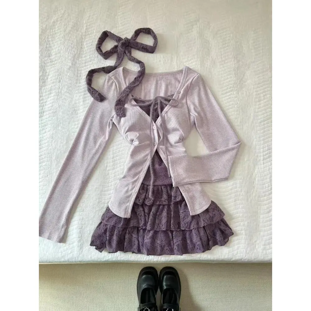 New Women Birthday Rave Korean Fashion Gyaru Y2k Coquette Outfits 2 Piece Set Fake Two Pieces Top + Mini Ruffle Skirts Chic