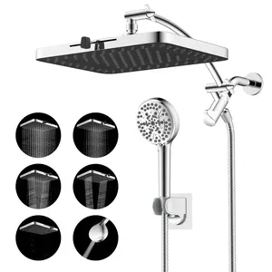 Hibbent Upgraded Shower Head Set - Chrome High-Pressure Dual Showerhead Combo, 13-in 5-Spray Rain Shower, 10-Mode Handheld Spray, 12-in Adjustable Extension Arm, 71-in Hose, Holder