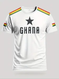 Men's Ghana Flag Pattern T-Shirt, with Geometric Design, Athletic Letter Print, Breathable Sports Wear for Training, Football, Outdoor Activities, Athletic Apparel