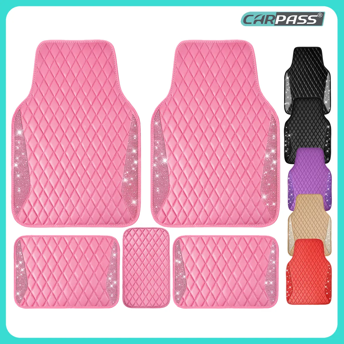 CAR PASS 5pcs Pink Bling Leather Car Mats Shining Diamond Rhinestones Sparkly Anti-Slip Waterproof Universal Fit Automotive SUV,Sedan,Van,Girl Women