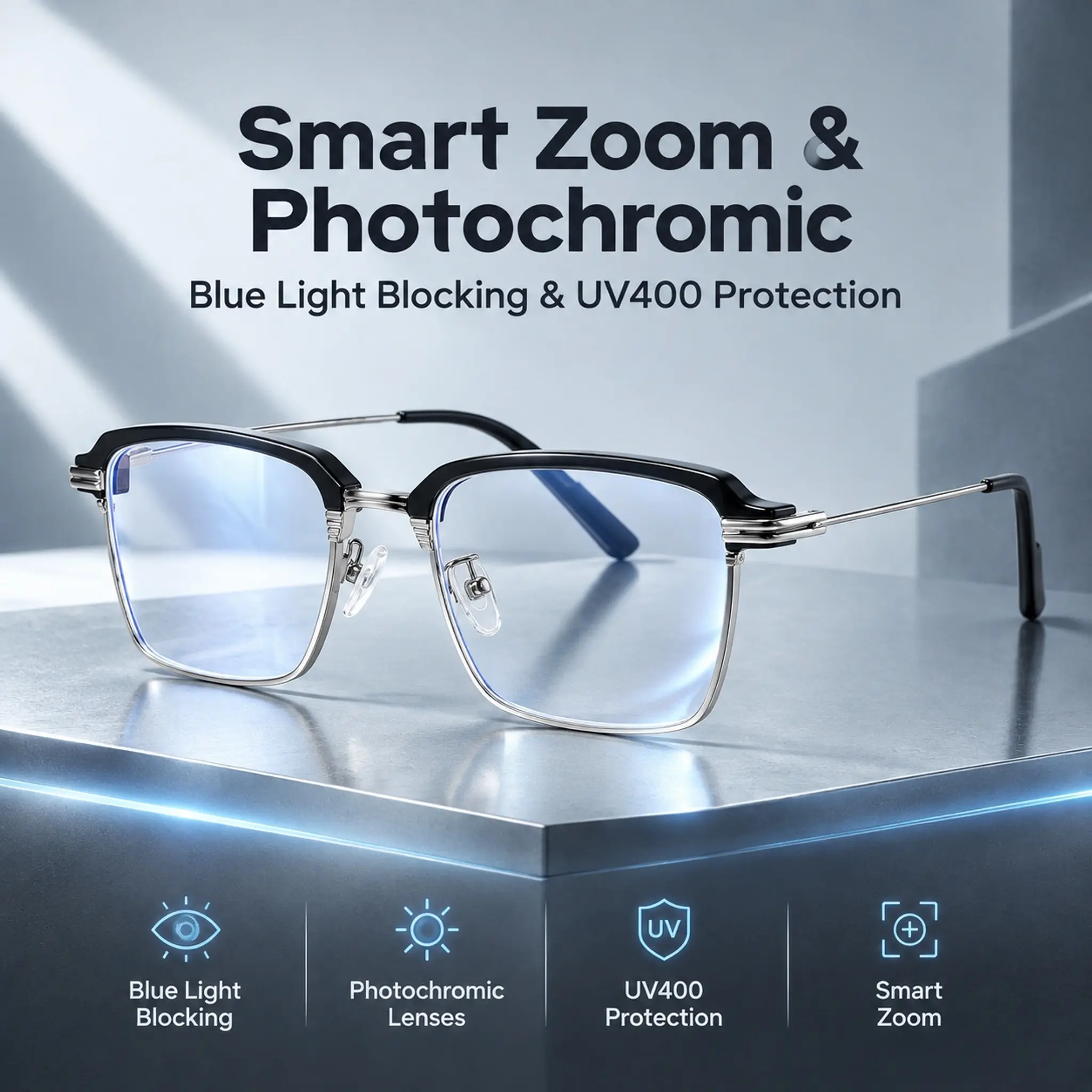 Smart Zoom Reading Glasses +1.0-7.0D Auto-Adjusting Focus - Photochromic Sun Tint / UV400 Protection & Blue Light Blocking Lenses / Includes Protective Case / Half-Rim Browline Frame for Men Women Outdoor Screen Use / Practical Gift for Parents
