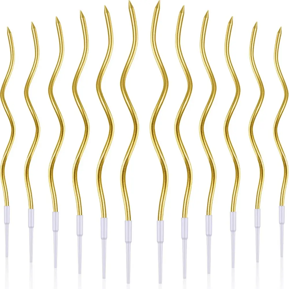 12-Piece Plastic Light Spiral Twisted Metallic Thin Long Cake Candles with Holders, Gold Cake Decorations for Birthday, Wedding Party Supplies (Home & Festive Use)