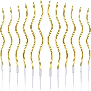12 Pcs Twisted Birthday Candles Spiral Metallic Cupcake Thin Long Cake Candles with Holders For Birthday Wedding Party(Gold)