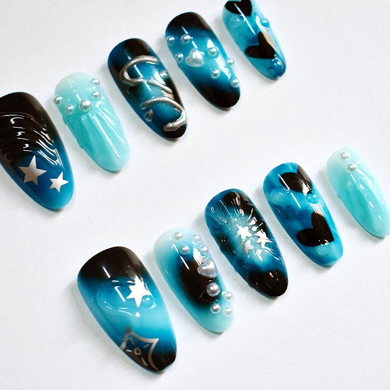 Handmade Almond Shaped Nail Art Set, Dreamy Deep Sea Blue Gradient with Silver Color Stars & Jellyfish Design, Perfect Gift for Girls & Women