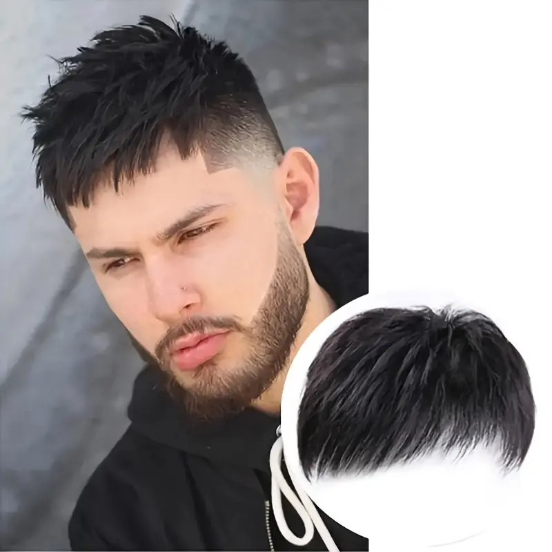 1pc Men'S Invisible Hair Topper, Curly Wave Style, High Temperature Fiber, Glueless, 100% Density, Straight Hair Replacement, Handsome Hairpiece for Thin Hair, Fashionable Hairpiece