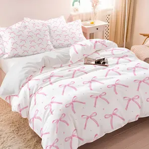 Gentel Fresh Pink Bow Print Duvet Cover Set, Includes 1 Duvet Cover & 1-2 Pillowcases No Core, White and Watercolor Texture Pink Bow Pattern, Soft Comfortable Bedding, Sweet Girlish Style Bedroom Decor