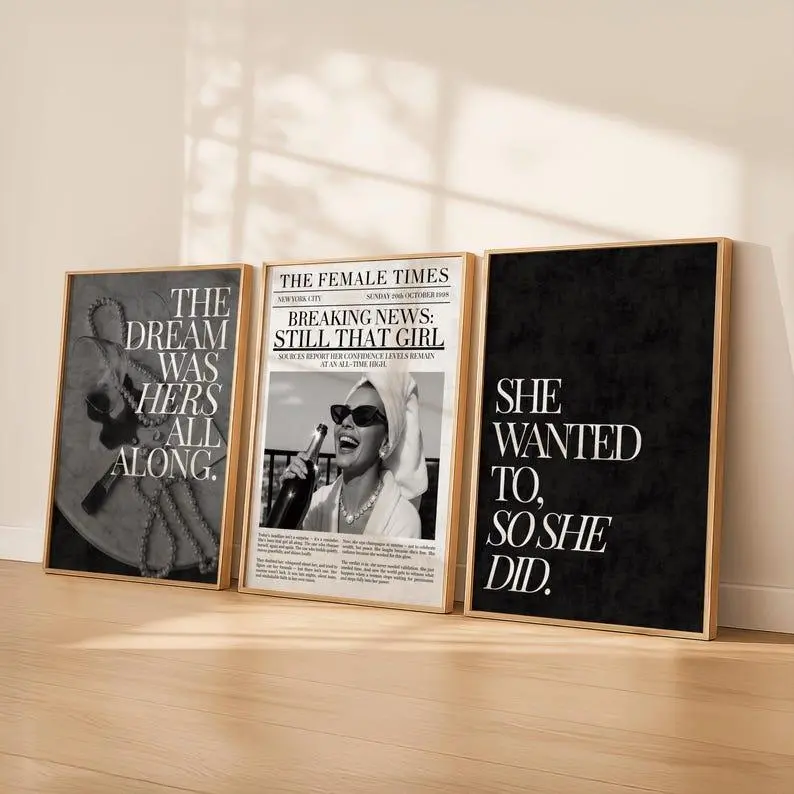Becoming Her Wall Art Trio | Still That Girl Newspaper Print | Feminine Empowerment Decor | Luxury Black & White Poster Set