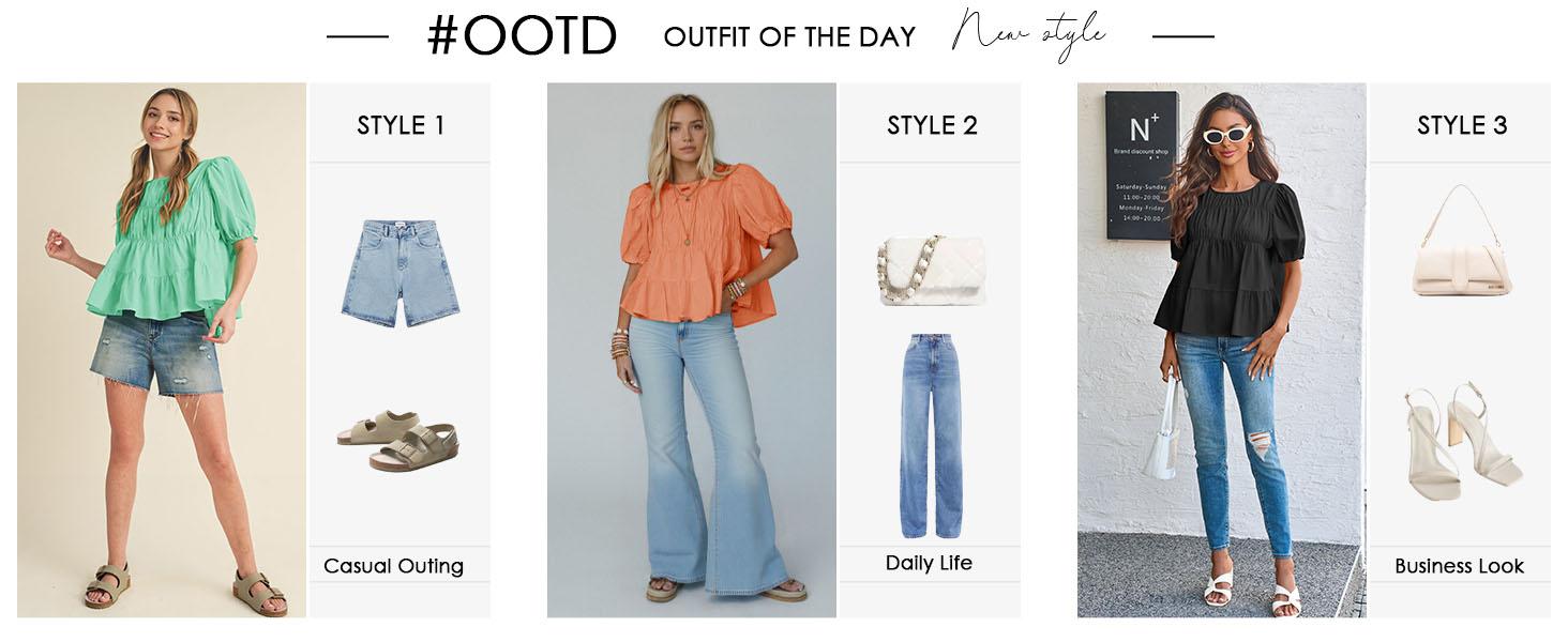 Tankaneo Womens Puff Sleeve Peplum Babydoll Tops Summer Smoked Pleated Cotton T-Shirts Casual Loose Fit Flowy Blouse