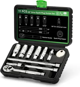 11- Spark Plug Socket Set with 3/8" Drive Ratchet Handle, Spark Plug Gapper, Universal Joint and Extension Bar, 5/8", 3/4", 13/16", 14mm, 18mm, CR-V Sockets with Rubber Retaining Rings