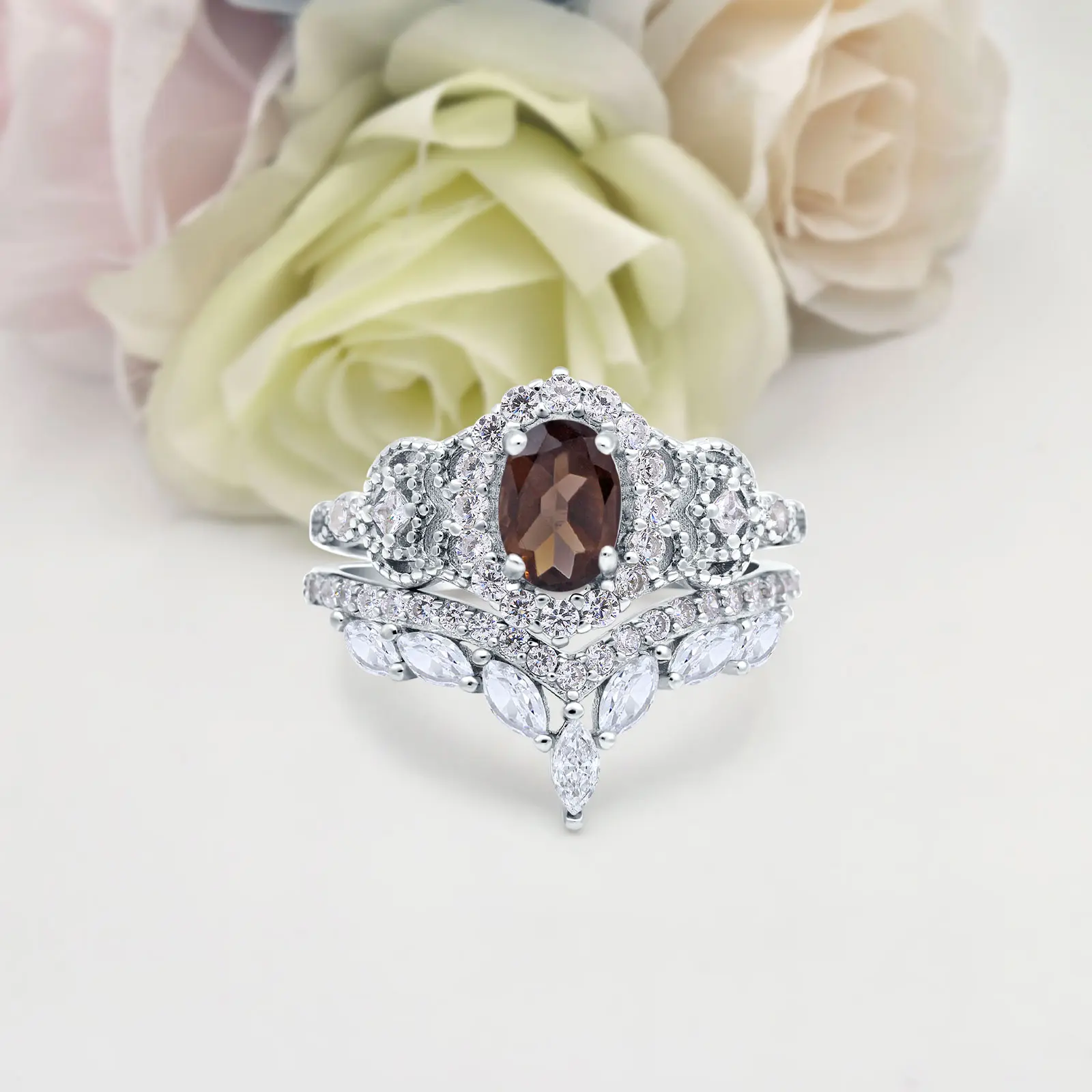 Two Piece Set Chevron 1.21 Carat Natural Chocolate Smoky Quartz Ring Bridal Band Wedding Oval Shape 925 Sterling Silver 21mm