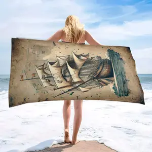 Vintage Hand-Drawn Boat Print Beach Towel, Super Absorbent Microfiber Mat, Ideal for Travel, Swimming Pool, Diving, Surfing, Yoga, Camping
