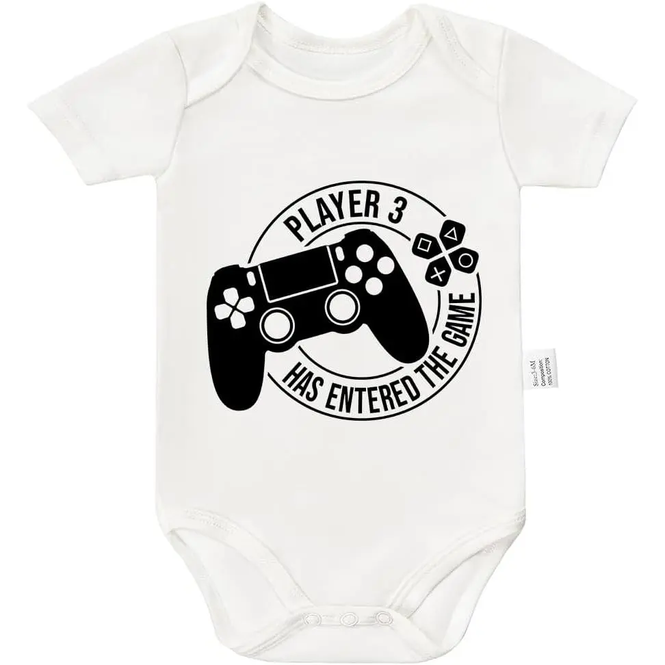 Baby Boys' Gamer Bodysuit, "Player 3" Graphic Short Sleeve Romper in 100% Cotton, Skin-Friendly All-Season Wear with Snap Closures, Baby Clothing, Fun Themed Bodysuits, Buttons, Envelope, Fitted, Snap Buttons, Gamer Theme, All Seasons