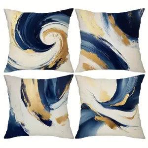4pcs Large Square Navy Blue Golden White Black Oceanic Wave Throw Pillow Covers 17.7x17.7 Inch - Contemporary Marbled Abstract Design Covers with Zipper Closure, Machine Washable Indoor/Outdoor Decorative Pillowcases for Sofa, Bed, Porch