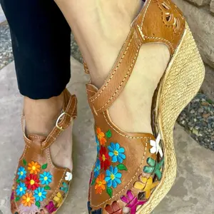 Media plataforma café flores - Mexican Shoes, huaraches handmade sneakers, Walk with style Flatform Women shoes, handcrafted huaraches leather - huaraches de piel