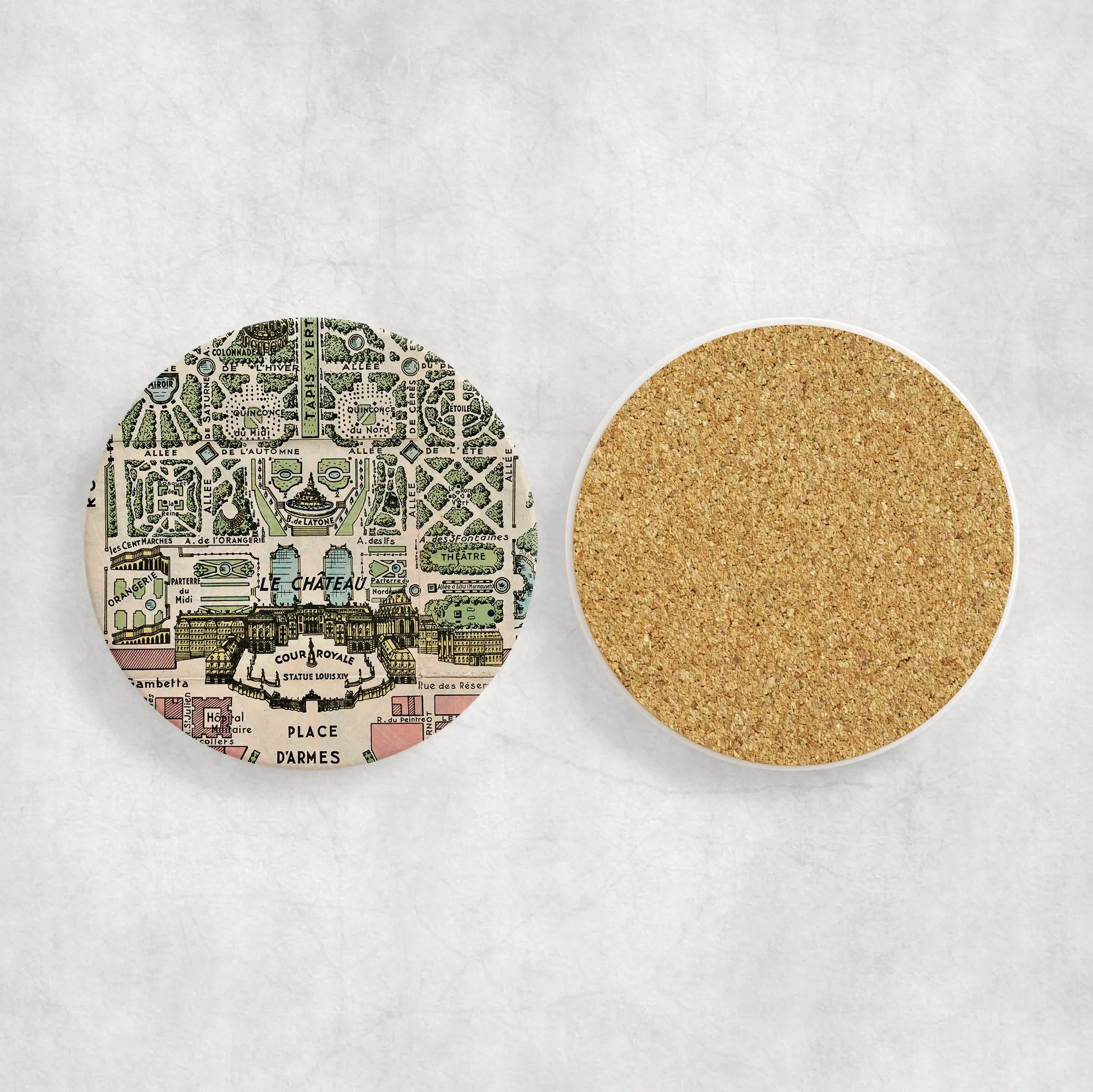 Versailles France Map Coasters | Set of 4 Vintage Versailles France Drink Coasters | Travel-Inspired Home Decor