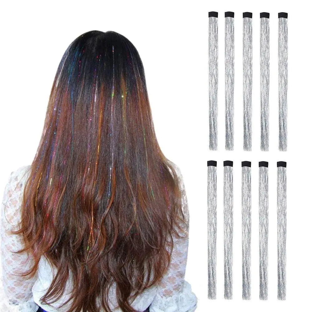 10pcs/set Highlight Glitter Tinsel Hair Extensions Clip In - Colored Party Sparkling & Shiny Multi-colors Streak Bling Hairpieces (silver)