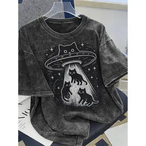 Men's Heavyweight Vintage Washed Cotton Short Sleeve T Shirt Featuring Cat UFO Pattern for Casual Occasions and Sports Openings Plus Size