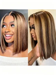 P4/27 Honey Blonde Highlight Bob Wig 13x4 HD Lace Front, New Upgrade Breathable Inner Mesh Straight Human Hair Wig, 180% Density Pre Plucked Brazilian Raw Virgin Hair Short Wig, Lace Front Wigs