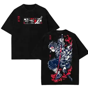 Men's Classic Cotton Fabric Oversized Ribbed Seamless 2-Piece Demon Slayer Tanjiro Kamado Graphic T-Shirt & Hoodie Apparel - Round Neck 90s Menswear Top with 2-Sided Fire Sun Water Breathing Washed Print (Anime Manga Inspired)