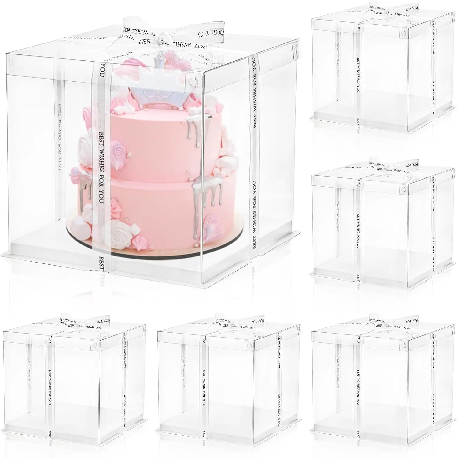 Sturdy Bakeware Set with Utensils - 6-Pcs 10x10x10in Cardboard 2-Layer Cake Carrier Box, Lid, Ribbon, PET Tall Transparent Cupcake Packaging for Birthday, Wedding Parties