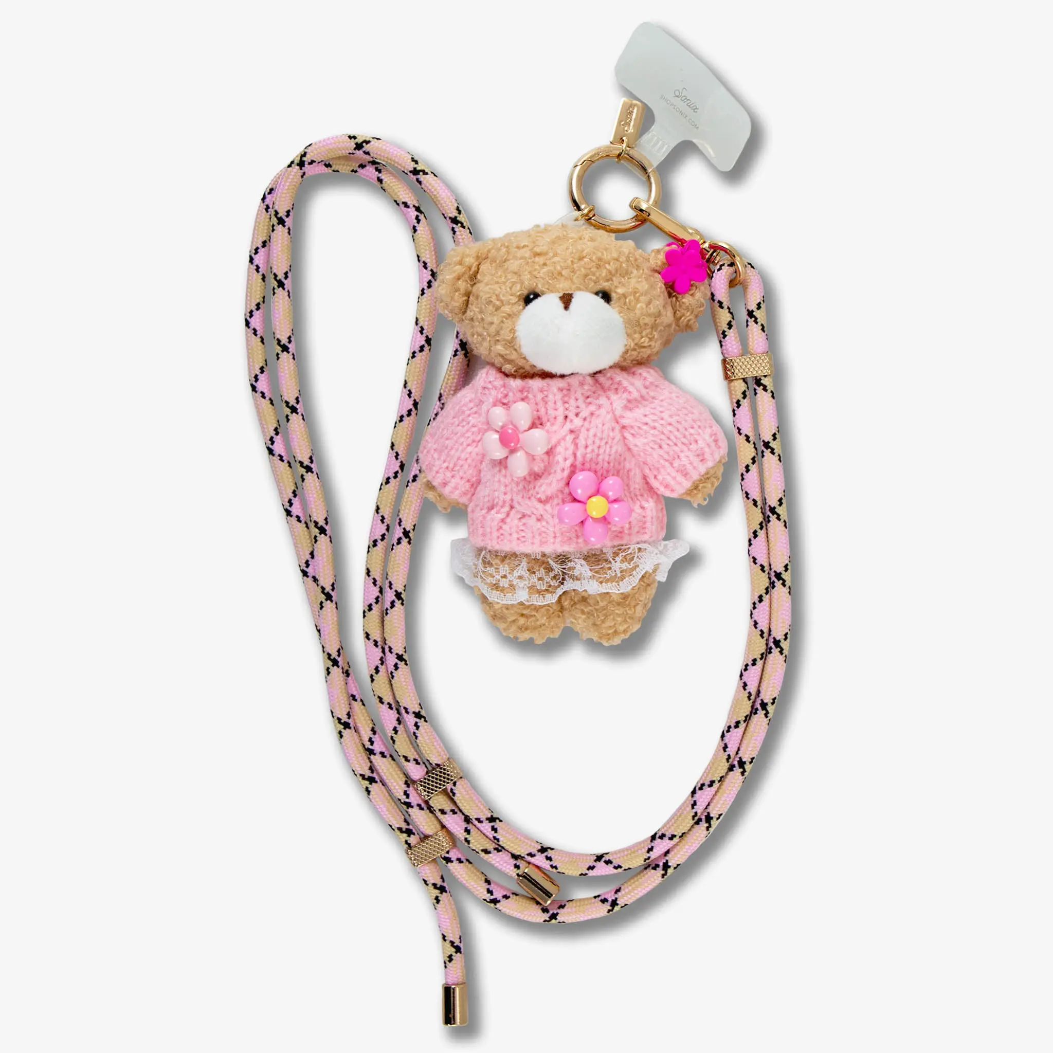 Universal Crossbody Phone Strap with Plush Animal - Pink Flower Teddy