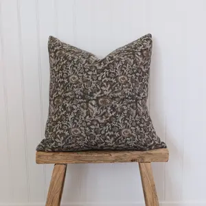 Marlow Floral Pillow Cover - Blue Gray Rust Printed Linen All Seasons Home Decor Cushion Hand Block Printed in India Made in USA