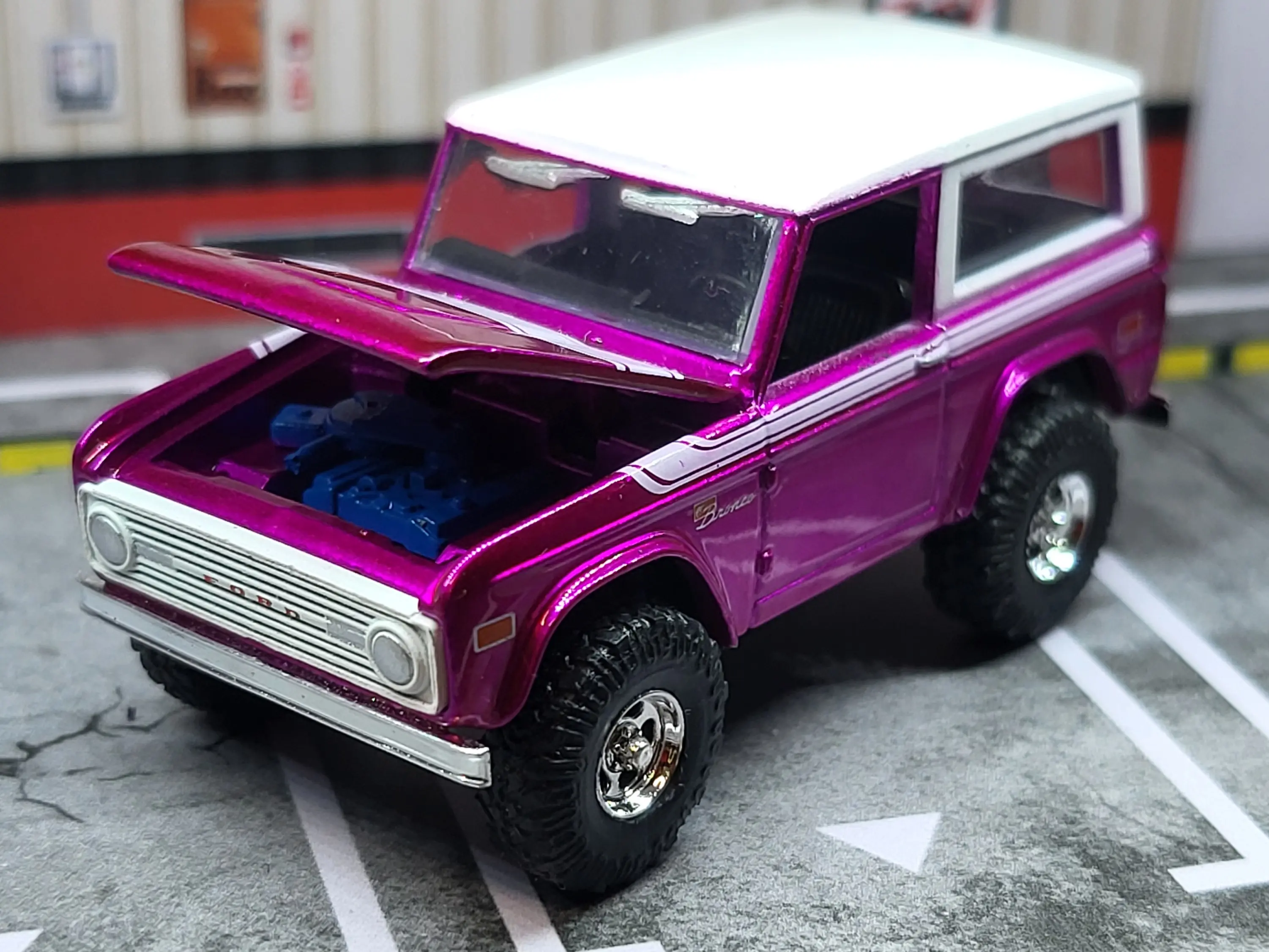 Exclusive 1976 Ford Bronco Model Car - M2 Machines Pink Chrome, Opening Hood That Opens and Closes