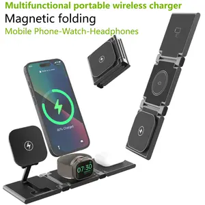 Three-In-One Magnetic Wireless Charger Stand, Compatible with Apple Huawei Android Devices, Desktop Charging Base, Phone Holder