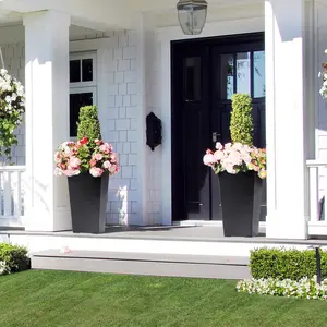 Garvee Modern 2-piece set tall plant pots 57 cm – Rectangular black plastic flower pots with automatic watering, water level indicator & drainage hole – For indoor and outdoor use, terrace, balcony,