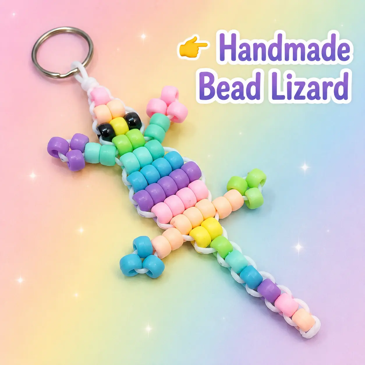 Handmade Pastel Rainbow Bead Lizard Keychain - Unisex Retro Style Kawaii Aesthetic Pony Beads Keychain, Flexible Matte 90s Charm, Lightweight Fade-Resistant Costume Jewelry Backpack Accessory