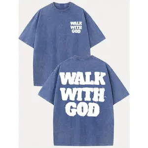 230g Heavyweight Washed Men's Graphic T-Shirt, Walk with God Inspirational Design, Double-Sided Distressed Print, Oversized Drop Shoulder Relaxed Fit, Round Neck Short Sleeve Light Green Lettering Tee, Summer Casual Streetwear