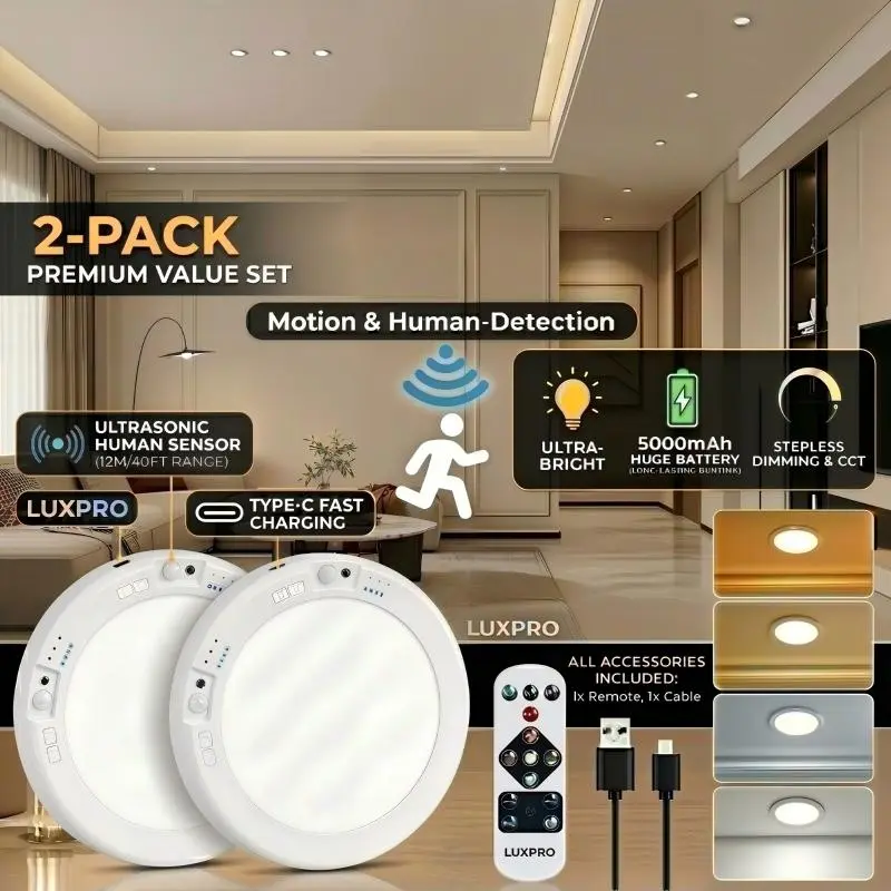 Yoomue 1/2-piece rechargeable durable LED ceiling light, human motion sensor, 3-speed lighting mode, magnetic suction drill free installation, easy to install, 5500mAh large capacity battery, suitable for living room, kitchen, bathroom, corridor, porch