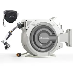 HOZEREEL 65ft Retractable Garden Hose Reel — Outdoor Gardening Hose Storage (1/2-inch Diameter) | Auto-Retract & Wall-Mountable | Fully Enclosed Design | Any-Length Locking Feature | Includes 10-Pattern Spray Nozzle — Gray