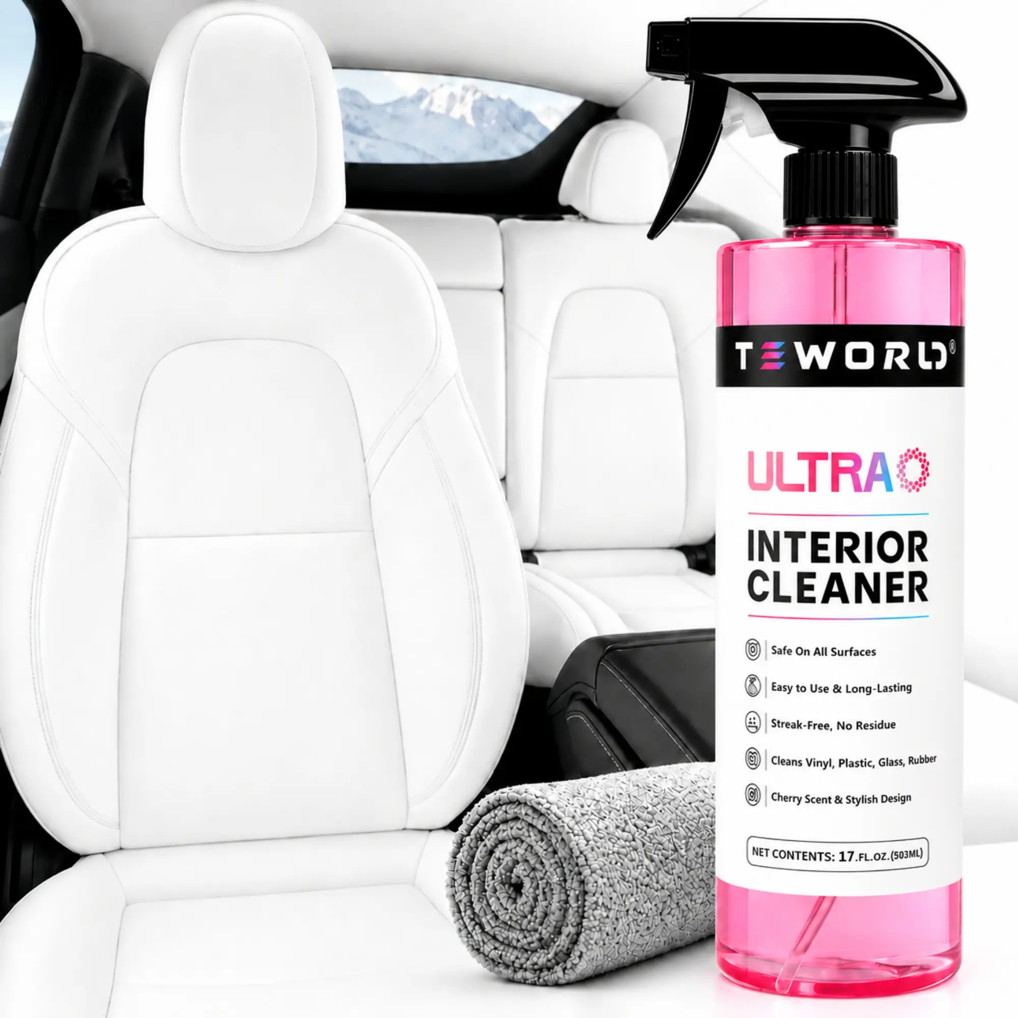 Tesla Seat Cleaner & Stain Remover, Tesla Interior Cleaner for White & Black Vegan Leather ph-balanced formula | Tesla Model Y Juniper Accessories 2026 & Tesla Model 3 Accessories, S/X/Cybertruck (Cherry Pink)