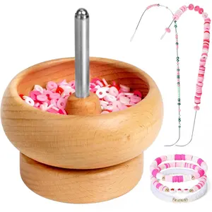 Rotating Wooden Clay Bead Spinner for Jewelry Making, Effortless Spinning Bead Spinner with 2 Big Eye Beading Needles and 3000 Seed Beads, Beading Supplies for Bracelets Necklaces Waist Jewelry Making