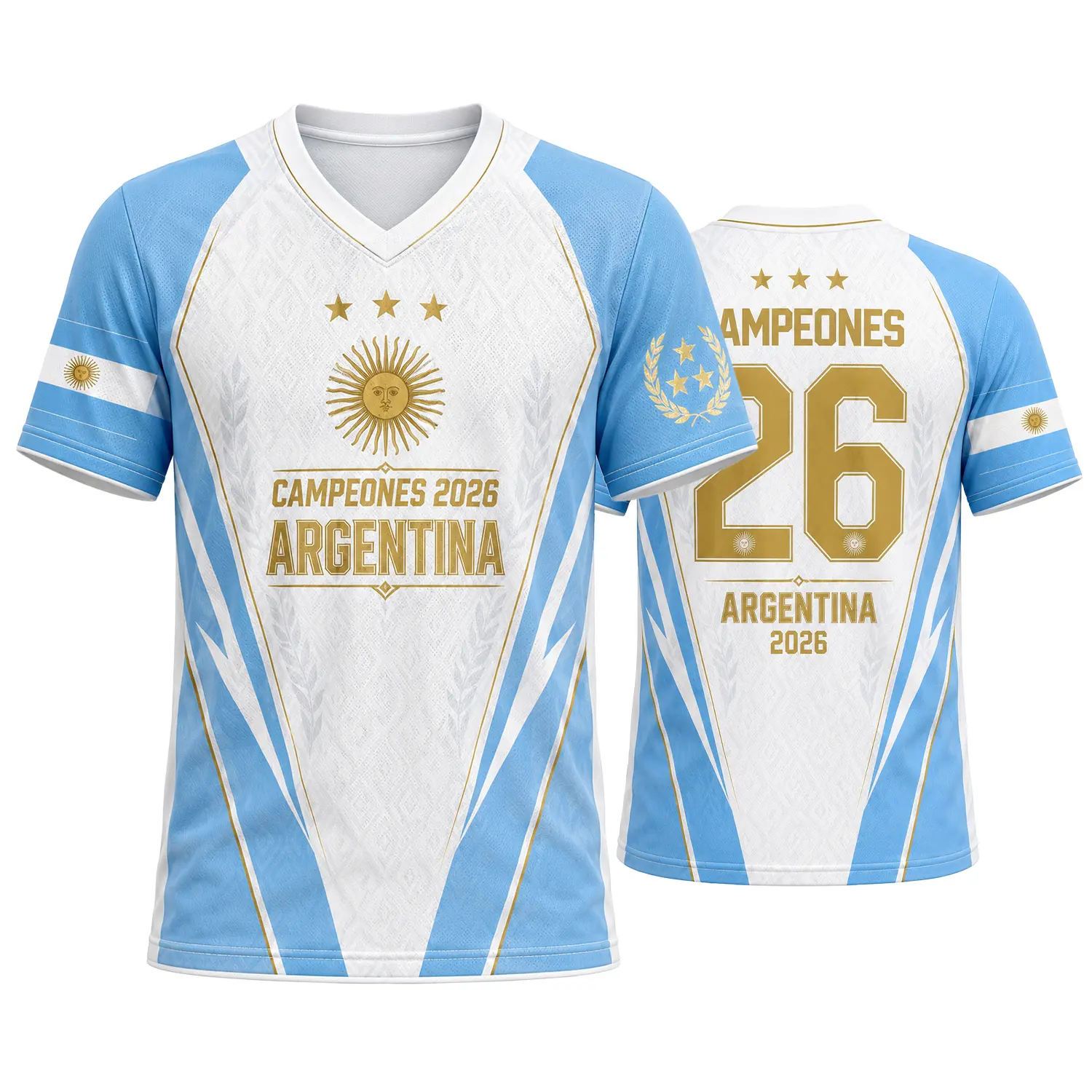 Argentina Inspired Campeones 2026 V-Neck Athletic Shirt, Men Women Sky Blue White Gold Graphic Soccer Fan Jersey, Sun 26 Number Sports Top, Game Day, Size S-5XL
