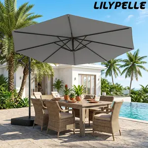 Lilypelle Offset Patio Umbrella with Base,99% UV Blocking Waterproof Outdoor Umbrella for Patio Garden Pool， 10ft，45° Tilt Cantilever Umbrella, summerwins