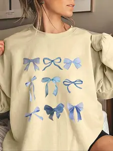 Women's Bow Print Drop Shoulder Sweatshirt, Casual Long Sleeve Round Neck Pullover Tops for Fall & Winter, Women's Clothes for Daily Wear, Womenswear