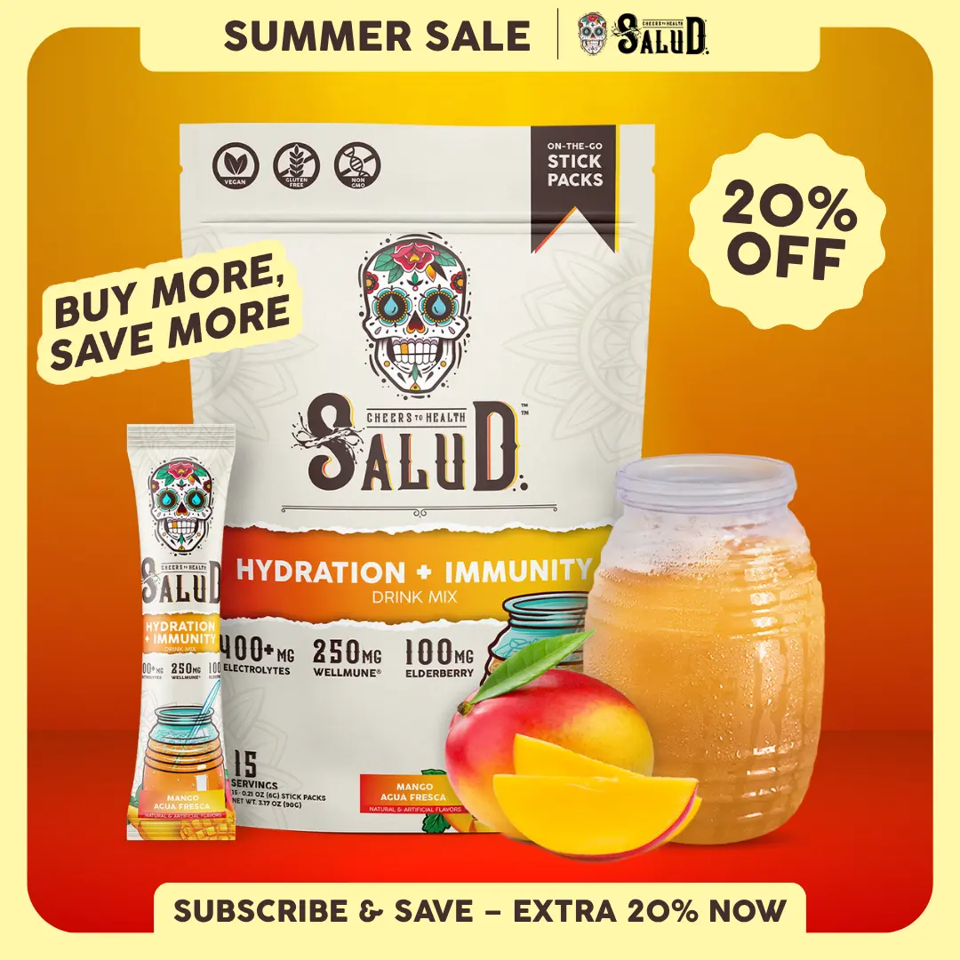 Salud 2-in-1 [Hydration + Immunity - Mango] Electrolytes Powder, Agua Fresca Drink Mix, Elderberry, Dairy & Soy Free, Non-GMO, Gluten Free, Vegan, Low Calorie, 1g Sugar (15 Servings)