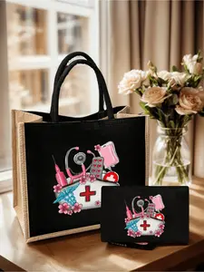 Nurse Themed Tote And Cosmetic Bag Set, Casual Style, Fabric Structure, Fixed Shoulder Strap, Stethoscope, Heart, Syringe, Band-Aid, Thermometer Graphic Print,Suitable For Weddings, Birthdays, Beaches, And Holidays