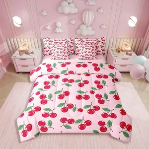 Cherry 7 Piece Bedding Set,Red Fruit Cherry Comforter Set,Cute Tropical Fruit Bed in A Bag,Summer Cherry Pink Kawaii Bed Set