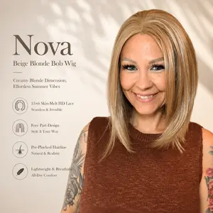 Nova - MaxFull Beige Blonde Bob Wig | Creamy Blonde Dimension, 12 inches, 13×6 Skin-Melt HD Lace Front, Free Part, Pre-Plucked Natural Hairline, Summer Vibe Wig