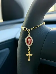 Red Steering Wheel Rosary Charm Accessory - Rosary Car Charm Accessory - Car Accessory Charms - Car Decor with Elegant Red Medallion and Gold Cross Design