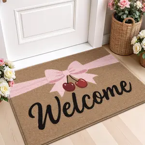 1PC-Butterfly Bow Decorative Door Mat Area Rug, Cashmere Material, Cozy Material, Filled and Thickened, Cute Cartoon Design, Girl-Cute Style, Cherry Color, Fun Pattern, Casual Style, Machine Washable, Suitable for Kitchen, Bathroom