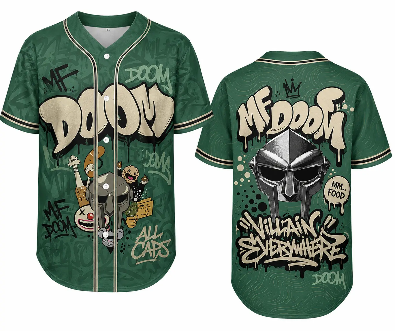 MF DOOM 'Mm.. Food' & 'All Caps' Graphic Baseball Jersey - Retro Underground Hip Hop Streetwear Button-Down Shirt Featuring Iconic Metal Mask and Villain Graffiti Art