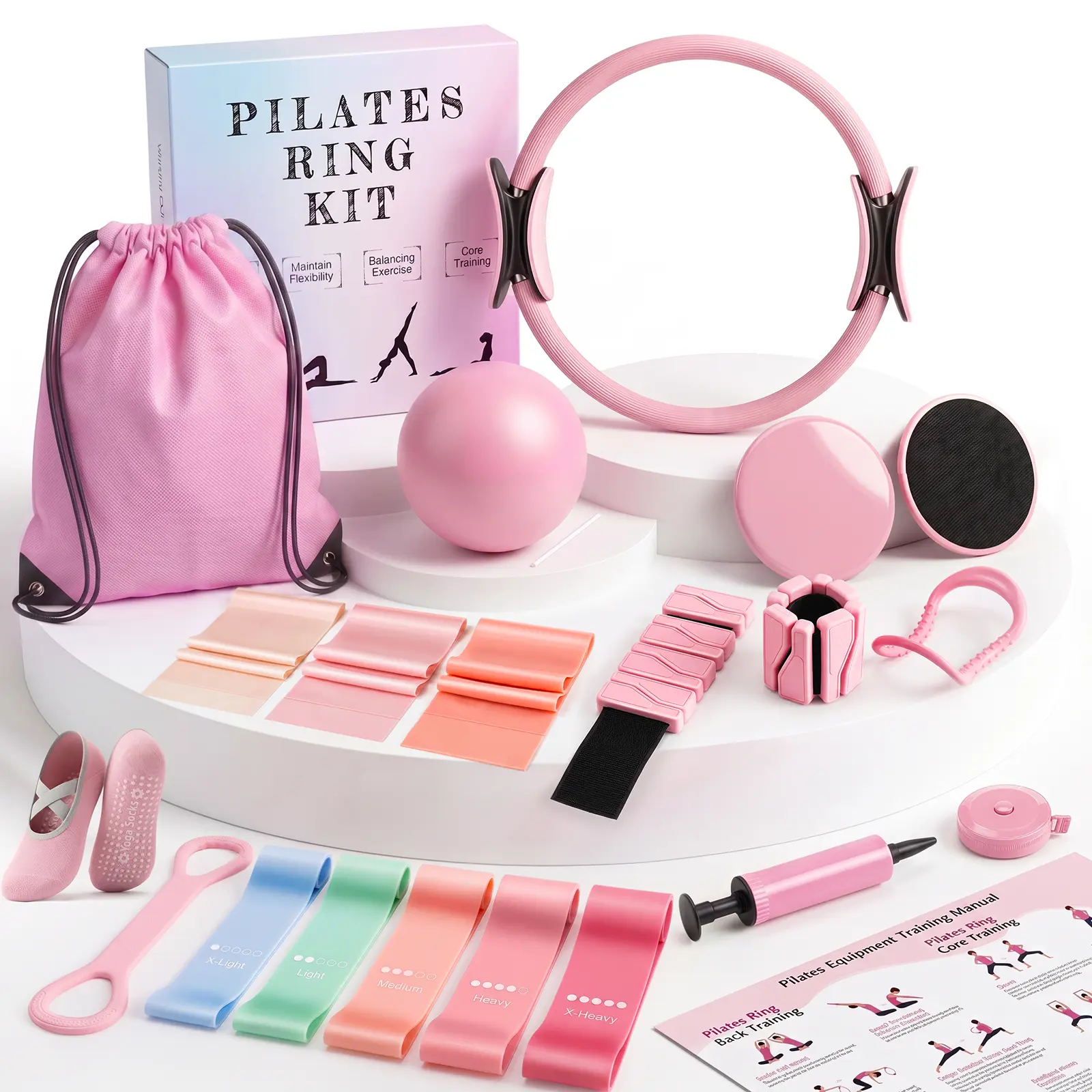 Pilates Kit for Women, 24 PCS At Home Pilates Equipment Set with 14.5" Pilates Ring & Ball, Ankle Weights, Bands, Slider, Stretch Ring, Grip Socks, Essentials for Starter Workouts