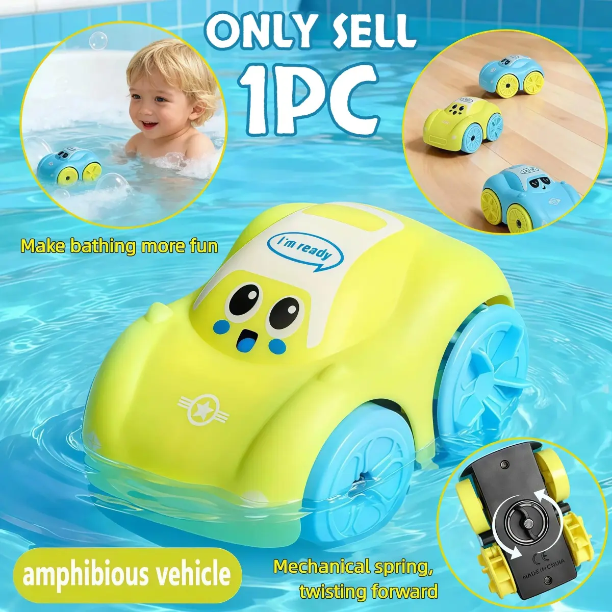 1pc Early education bath water play fun bath bathroom item, early learning interactive play teaching supplies, land and water dual-use mechanical spring wind-up swimming toy car, suitable as a gift for boys and girls, Bath Time