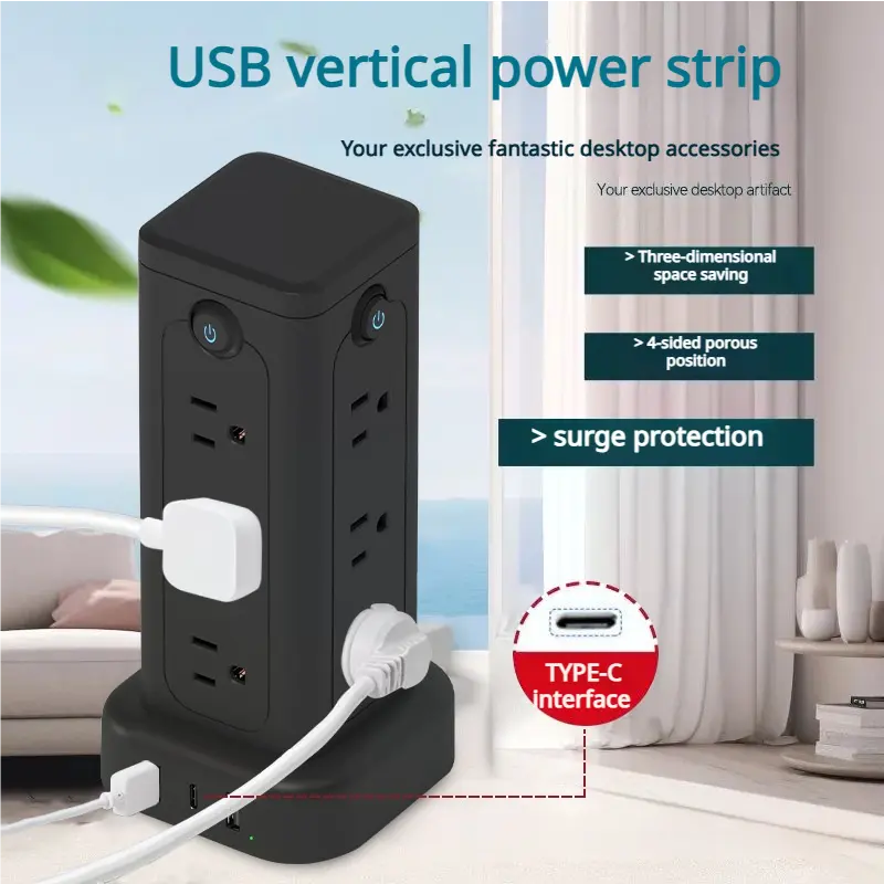 Power Socket Power Vertical Strips Tower Extension Lead 8 Outlets & 4 USB Ports